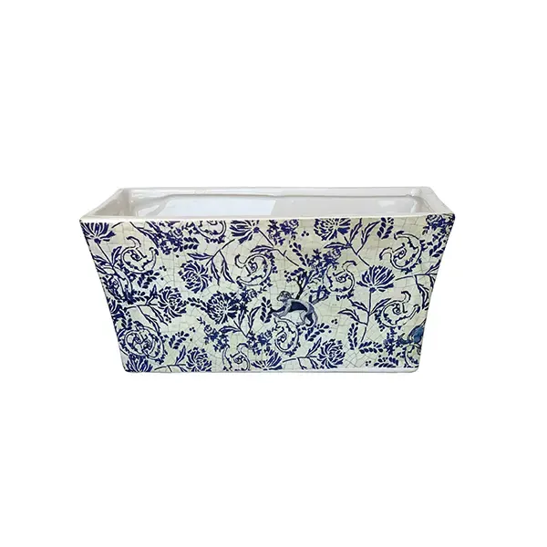 lue and White Delft Rectangular Ceramic Pot for Indoor Plants