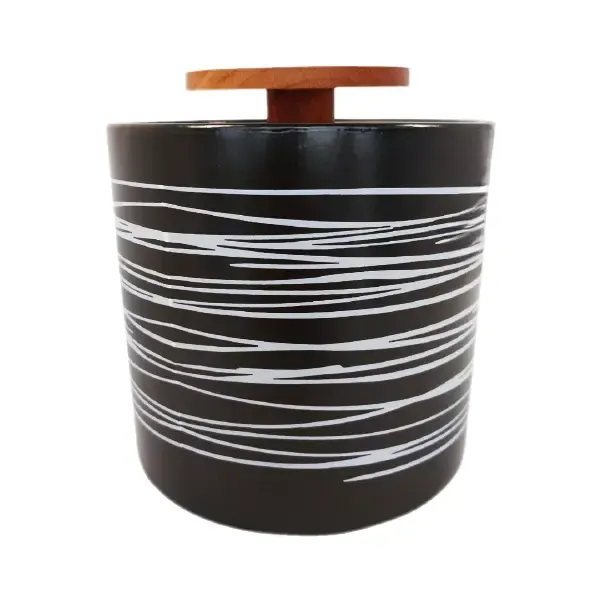 Ceramic Black and White Jar with Wooden Lid