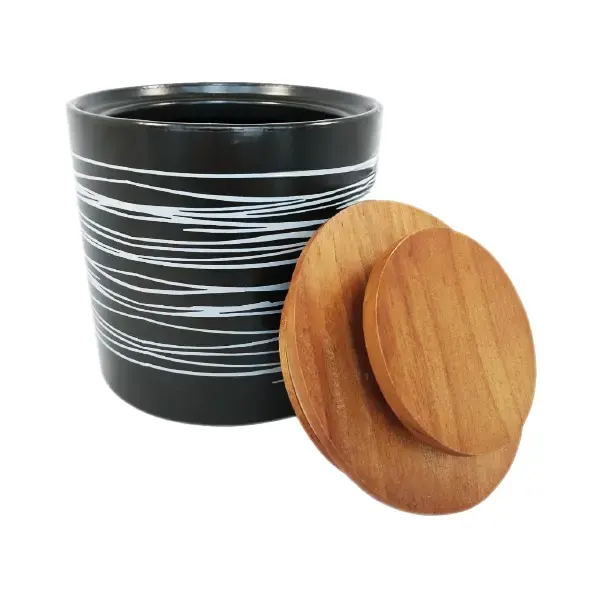 Ceramic Black and White Jar with Wooden Lid