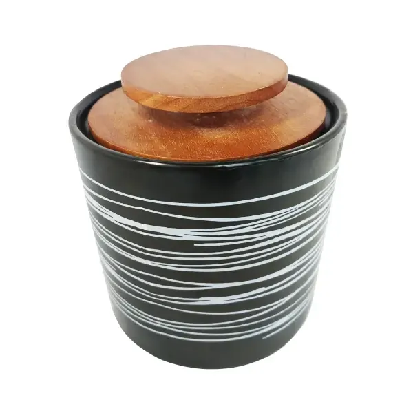 Ceramic Black and White Jar with Wooden Lid